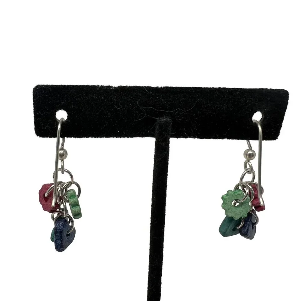 Handcrafted‎ Earrings Silver Tone Dangle Wire Ceramic Beads Hearts Cogs